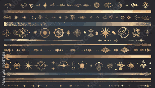 Colección de divisores, bordes y adornos ornamentales vectoriales dorados sobre fondo oscuro, estilo vintage.