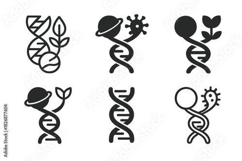 Space Colonization Logos. Genetic Engineering for Space Colonization. Icon set. Set Logo of adaptive biosphere: helix connecting planets and organisms.