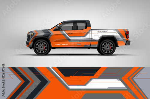 Orange, gray, and white pickup wrap with futuristic arrow-lined shapes creating a strong and sporty truck appearance. EPS vector included.