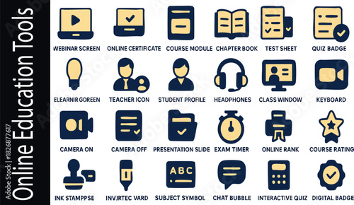Online Education Icons: A set of clean, minimalist icons symbolizing the various tools and elements of digital learning. The icons are displayed against a sleek backdrop.