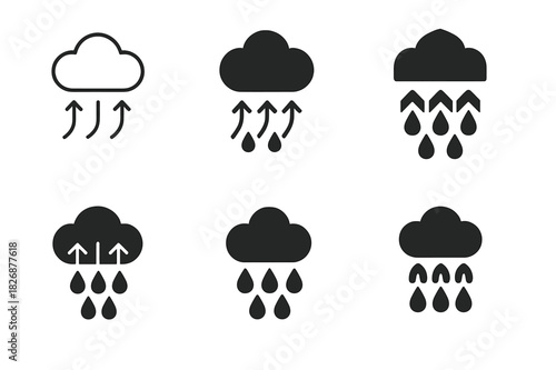 Rain Formation Icons. How rain is formed. Icon set. Set Logo of How rain is formed: evaporation vapor. harmonious logo variations of the same emblematic