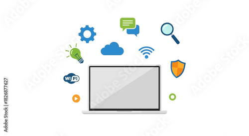 Laptop with surrounding technology and service icons on a white background