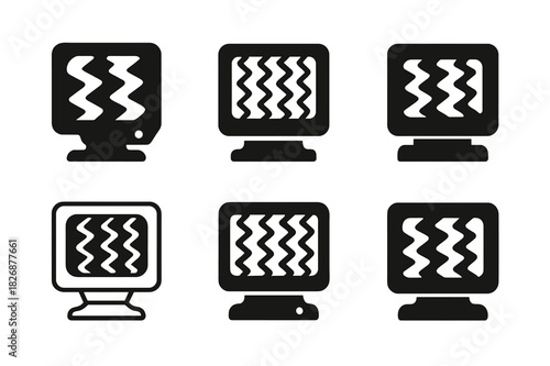 Vintage Electronics Icons. Decorating with vintage electronics. Icon set. Set Logo of Decorating with vintage electronics: CRT monitor with static screen.