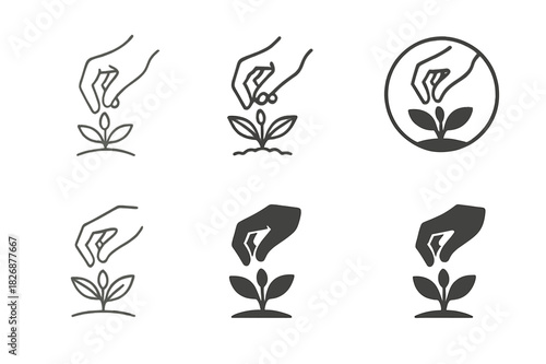 Autumn Garden Logos. Autumn garden care and planting for the season. Icon set. Set Logo of autumn garden care and planting for the season: gardener?s hand