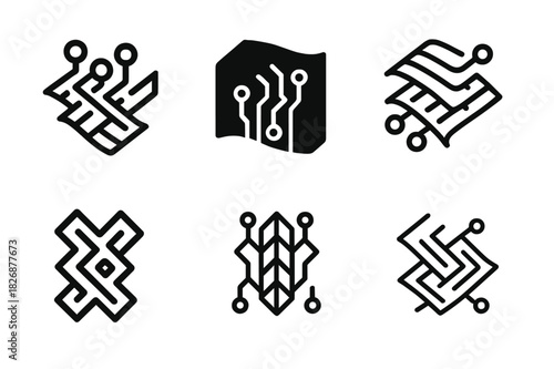 Innovative Fashion Logos. Fashion and Technology (Wearable Tech, Smart Clothing). Icon set. Set Logo of innovation in textiles: fabric pattern shaped like a