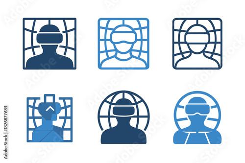 VR Logo Variations. Virtual reality gaming. Icon set. Set Logo of VR experience: person inside digital grid. harmonious logo variations of the same emblematic
