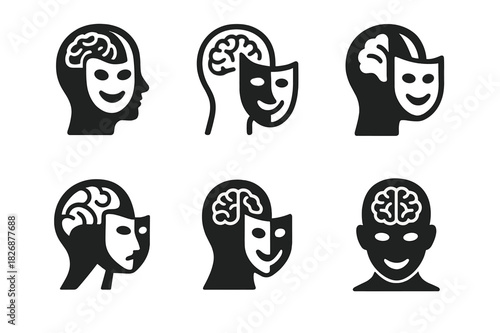 Emotional Brain Logos. How emotions are processed in the brain. Icon set. Set Logo of How emotions are processed in the brain: mask-to-face overlay revealing