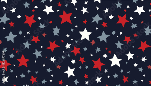 Fondo vectorial de estrellas rojas, blancas y grises sobre azul marino oscuro, patrón festivo patriótico.