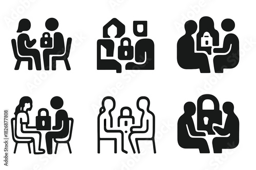 Therapist Listening Icons. A Therapist Listening Attentively to a Patient During a Counseling Session. Icon set. Set Logo of A Therapist Listening Attentively