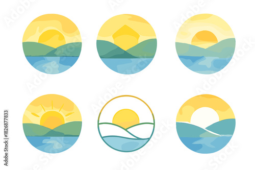 Watercolor Landscape Logos. Watercolor Landscape Painting. Icon set. Set Logo of Watercolor Landscape Painting: sunrise. harmonious logo variations of the same