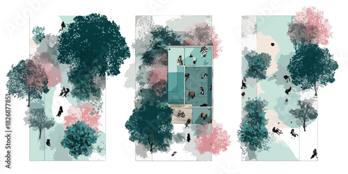 Vista aérea vectorial de un plano arquitectónico minimalista con árboles en tonos verde azulado y rosa pálido.