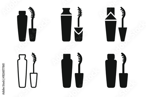 Elegant Makeup Logos. High-end makeup packaging. Icon set. Set Logo of High-end makeup packaging: mascara tube with curved wand. harmonious logo variations of