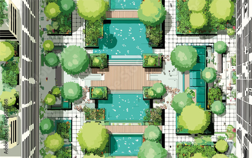 Vista aérea de diseño arquitectónico de un patio urbano con vegetación exuberante, agua y senderos