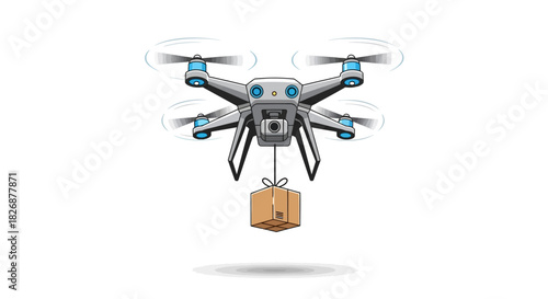 Quadcopter drone delivering a small tiedup cardboard box