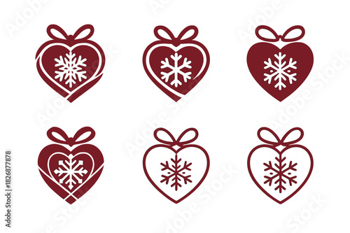 Winter Charity Logos. Winter Holiday Themed Charity Event. Icon set. Set Logo of seasonal goodwill: heart wrapped with ribbon and snow pattern. harmonious logo
