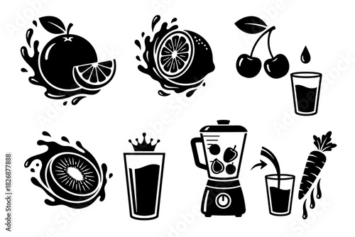 Set of fresh fruit icons for healthy drinks and juices.