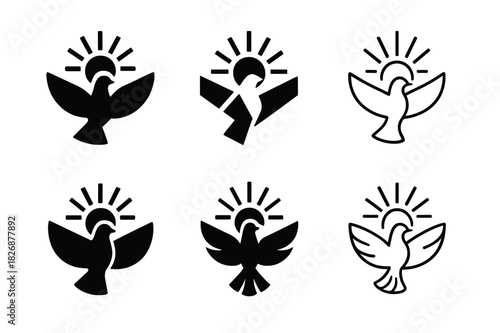 Christian Theology Evolution Icons. The evolution of Christian theology. Icon set. Set Logo of the evolution of Christian theology: dove with light. harmonious