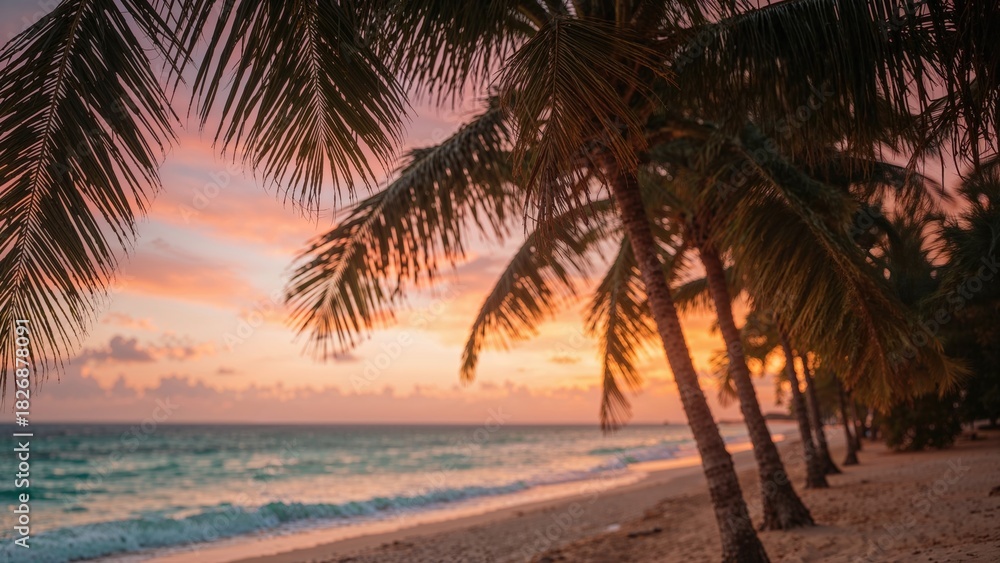 Fototapeta premium Tropical beach scene with palm trees at sunset, featuring pink and orange sky, ocean waves, and sandy shoreline.