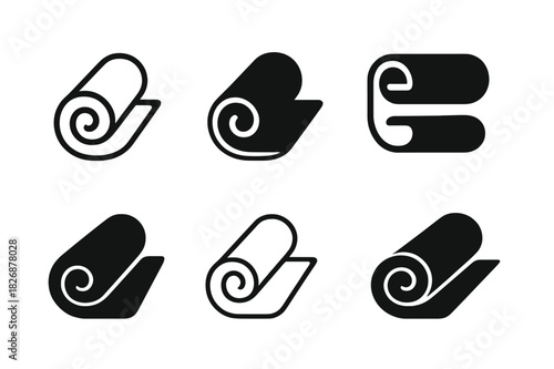 Yoga Mat Icons. Sports equipment. Icon set. Set Logo of Sports equipment: yoga mat rolled. harmonious logo variations of the same emblematic concept, each with