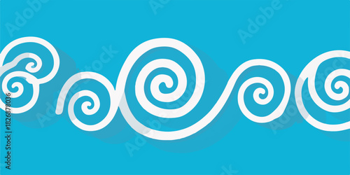 Patrón decorativo de espirales blancas onduladas sobre fondo azul cian, diseño vectorial moderno.