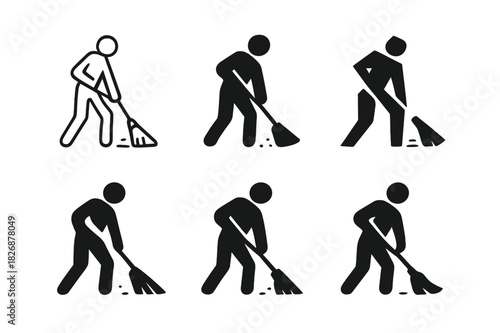 Sweeping Logo Variations. Sweeping the Floor. Icon set. Set Logo of cleaning action: person sweeping with broom. harmonious logo variations of the same