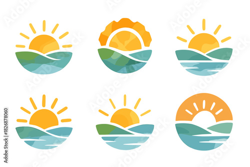 Watercolor Landscape Logos. Watercolor Landscape Painting. Icon set. Set Logo of Watercolor Landscape Painting: sunrise. harmonious logo variations of the same