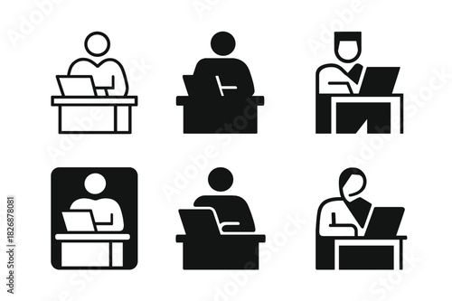 Candid Leadership Logos. Candid shots of managers in everyday work settings. Icon set. Set Logo of candid leadership: manager at desk. harmonious