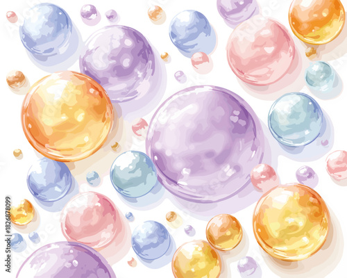 Fondo abstracto de esferas brillantes y translúcidas en tonos pastel suaves, ilustración vectorial delicada.