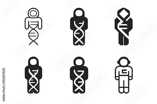 Bio-Adapted Astronaut Emblems. Genetic Engineering for Space Colonization. Icon set. Set Logo of bio-adapted astronaut: DNA helix integrated with human figure