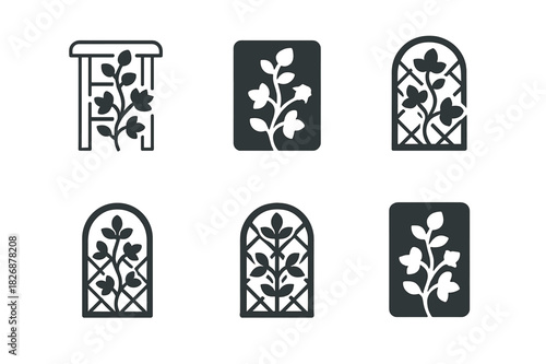 Climbing Plant Logos. Adding climbing plants like ivy or roses along fences or trellises. Icon set. Set Logo of Adding climbing plants like ivy or roses along