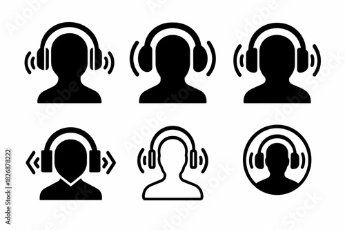 Headphone Logo Variations. Using Noise-Cancelling Headphones. Icon set. Set Logo of studio focus: listener surrounded by acoustic waves. harmonious logo