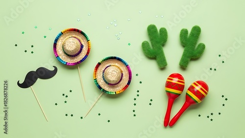Cinco de Mayo fiesta decorations on a light green background creating a festive atmosphere with colorful sombreros maracas a playful mustache prop and fun cactus shapes
