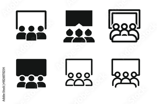 Digital Conference Logos. Digital conferences. Icon set. Set Logo of online events: presentation screen with audience icons. harmonious logo variations of the