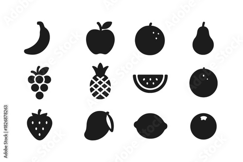 Black Fruit Icons. Fruits. Solid icon set of fruits: banana, apple, orange, pear, grapes, pineapple, watermelon, kiwi, strawberry, mango, lemon, blueberry.