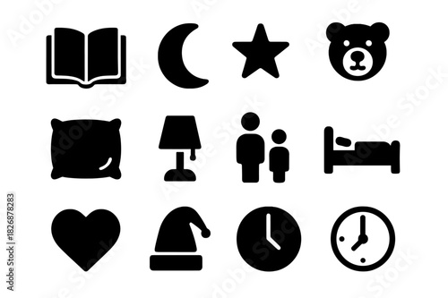 Bedtime Icons Collection. Bedtime stories. Solid icon set of bedtime stories: open book, moon, star, teddy bear, pillow, lamp, parent, child, bed, heart,