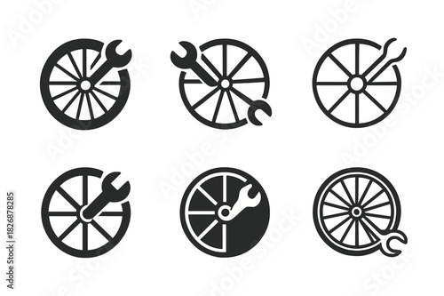 Bicycle Repair Icons. Fixing a bicycle. Icon set. Set Logo of fixing a bicycle: Wheel alignment icon. harmonious logo variations of the same emblematic