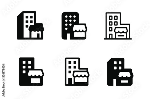 Mixed-Use Logo Set. Mixed-use neighborhoods. Icon set. Set Logo of mixed-use neighborhoods: building cluster combining residential and retail icons. harmonious