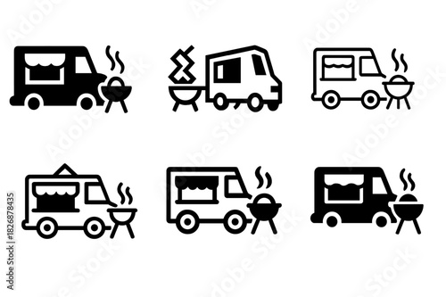 Food Truck Logos. Food truck street parties. Icon set. Set Logo of food truck street parties: barbecue grill beside open truck window. harmonious