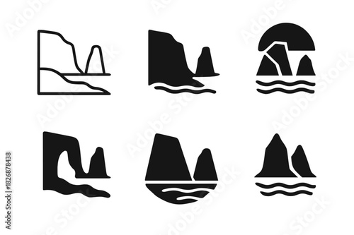 Coastal Cliffs Icons. Coastal cliffs and rugged shorelines. Icon set. Set Logo of Coastal cliffs and rugged shorelines: sea stack. harmonious logo variations