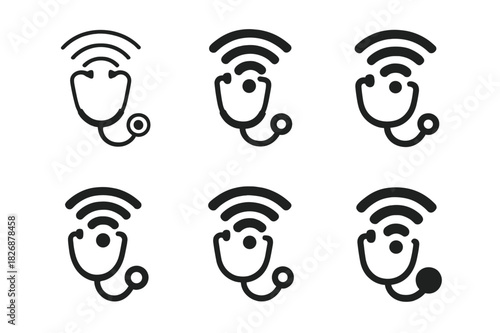 Digital Health Logos. Digital health startups. Icon set. Set Logo of digital health startups: stethoscope forming a wifi signal. harmonious logo variations of