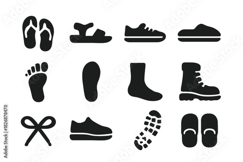 Casual Footwear Icons. Casual footwear. Solid icon set of casual footwear: flip-flop, sandal, sneaker, slipper, foot, shoe print, sock, boot, lace, sole,