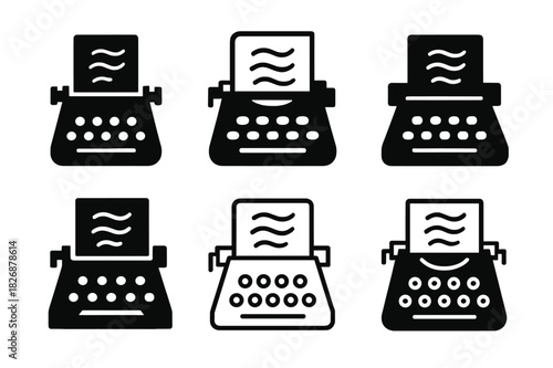 Poetic Logo Variations. Poetic expression. Icon set. Set Logo of poetic expression: typewriter with paper showing a verse. harmonious logo variations of the