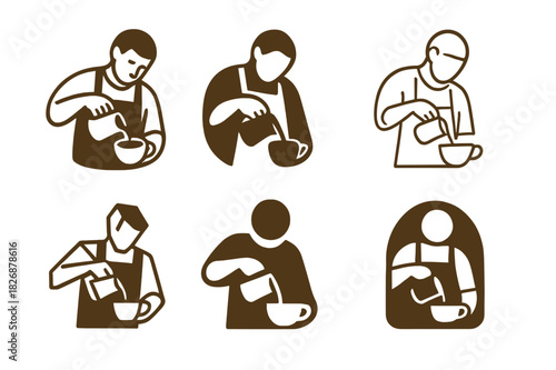 Cafe Logo Variations. Cafe. Icon set. Set Logo of Cafe: barista pouring coffee. harmonious logo variations of the same emblematic concept, each with different