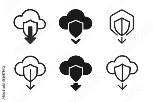 Antivirus Software Logos. Installing antivirus software. Icon set. Set Logo of Installing antivirus software: cloud download with shield. harmonious logo