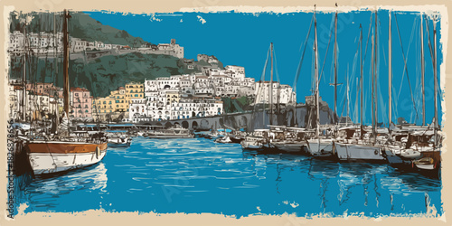 Puerto pintoresco con veleros y casas blancas en la ladera de una montaña verde.