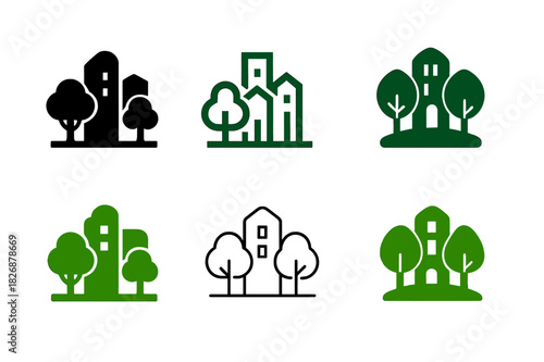 Sustainable Urban Logos. Green cities. Icon set. Set Logo of sustainable urbanism: tree-lined streets. harmonious logo variations of the same emblematic