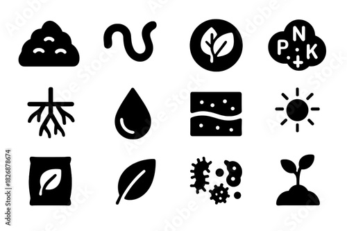 Soil Fertility Icons. Soil fertility. Solid icon set of Soil fertility: compost pile, earthworm, organic matter, nutrient icon, roots, water droplet, soil