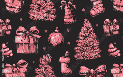 Patrón de vector sin costuras de adornos navideños dibujados a mano en rosa sobre fondo negro.
