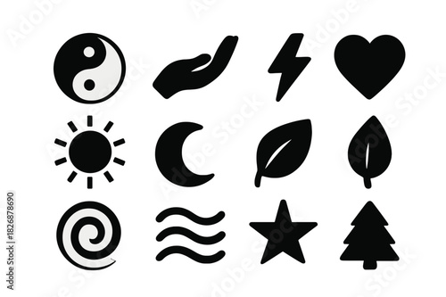 Energy Symbols Grid. Energy balance. Solid icon set of energy balance: yin yang, hand, lightning bolt, heart, sun, moon, wave, leaf, spiral, breath, star,
