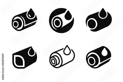 Pipe Insulation Logos. Pipe Insulation Materials. Icon set. Set Logo of waterproof coating: insulated pipe with seal layer. harmonious logo variations of the